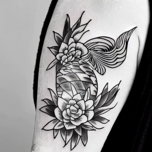 Prompt: black and white tattoo of koi fish with camelia flowers, on white background, japanese traditional style, stylized,