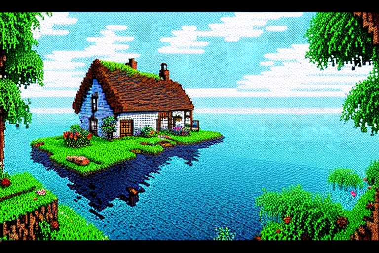 Image similar to view of a cottage above an azure lake, beautiful detailed pixelart by albertov, intricate details, beautiful, dithered gradients, volumetric lighting, cgsociety, artstation, 2 d