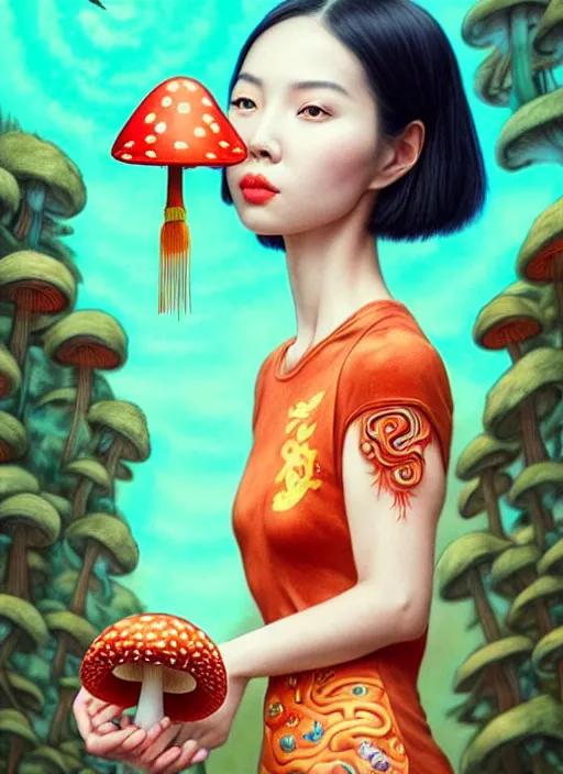 Image similar to pretty chinese girl holds hallucination mushroom : : by martine johanna and simon stalenhag and chie yoshii and casey weldon and wlop : : ornate, dynamic, particulate, rich colors, intricate, elegant, highly detailed, centered, artstation, smooth, sharp focus, octane render, 8 k