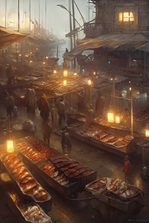 Image similar to fish market by bayard wu, anna podedworna, greg rutkowski, giger, maxim verehin