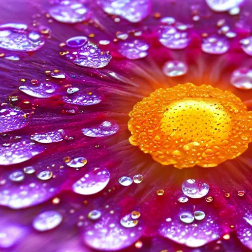 Image similar to a fantasy flower with petals and leafs, dew, water drops, ultra detailed, sunrise, close up, macro, hyper colorful, trending on artstation