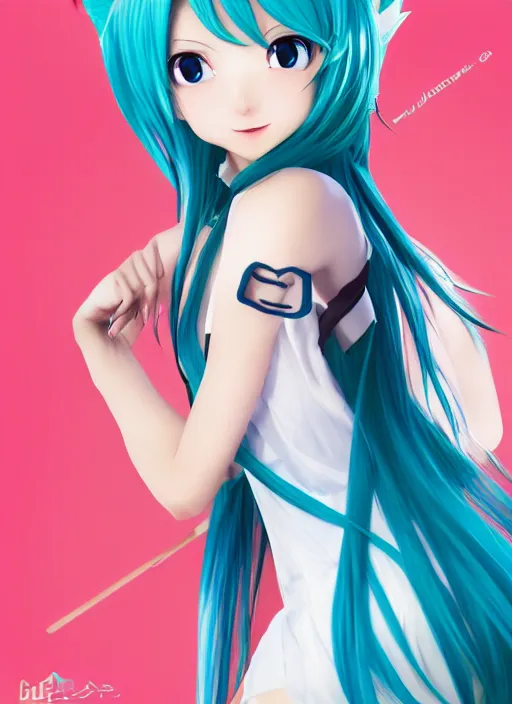 Prompt: Cute beautiful Asian cosplay girl with long blue hair and tempting eyes cosplaing Hatsune miku, full length shot, shining, 8k, HQ, sharp focus, IMAX quality, illustration, by artgerm