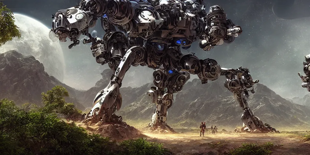 Image similar to robotic mechas in highly detailed alien planet with lush vegetation, deserts and mountains, artgerm, cgsociety