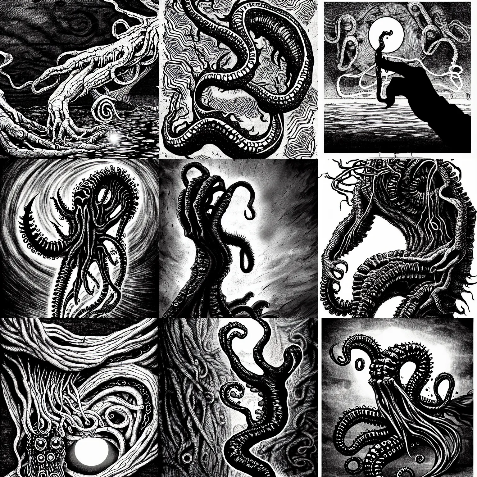 Prompt: pen and ink a lovecraftian monster reaching out toward you, impressive scene. grainy and rough. black and white colour scheme. beautiful artistic detailed digital art