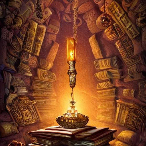 Image similar to epic view of an ancient dark byzantine cave interior, ornate oil lamp on a pile of crystals, books covered in jewels, ornate, surrounded by strange statues and treasure, full of sand and glitter, hyper real, Indiana Jones, Tomb Raider, trending on artstation, concept art, cinematic, jewels, hyperrealistic