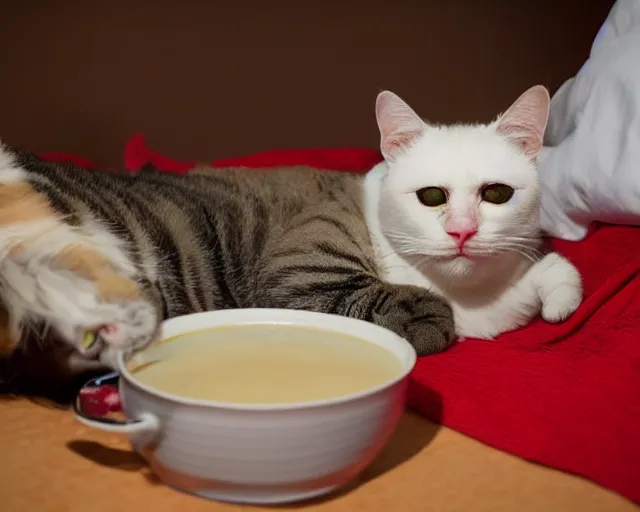 Image similar to cat laying in bed drinking chicken soup while watching the late show.