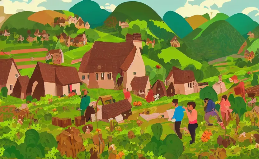 Image similar to some villagers busy farming in a small village in a valley, a dragon approaching from a distance, vector, storybook, gouache, flat, sharp edges, concept art, print