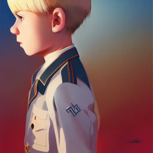 Image similar to portrait of blonde little boy wearing nazi uniform by ilya kuvshinov and anna dittmann and studio ghibli and wlop and rossdraws, digital art, trending on artstation, anime arts, featured on pixiv, red lighting, hd, 8 k, highly detailed, good lighting, beautiful, epic, masterpiece