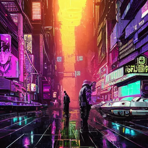 Image similar to high detailed dead android in a cyberpunk rainy city at night by Josan Gonzalez, purple and blue neons, unreal engine, high quality, 4K, UHD, trending on ArtStation, wires, blade runner vibes, ghost in the shell, akira, dorohedoro