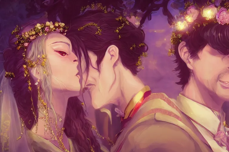 Image similar to a cinematic portrait of wedding photograph jpeg close up moment of a divine a japan sun god and moon goddess lovers magician at a wedding banquet. portraiture. digital painting. artstation. concept art. wedding photo. digital painting. violet evergarden art masterpiece by art by krenz cushart