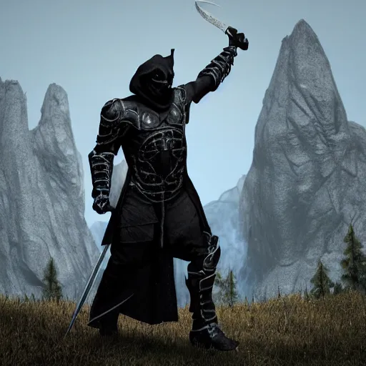 Image similar to a realistic full body of Konnor, a dragonborn, a black hood with black robes and a sword on his back, extremely realistic and detailed, standing in front of a mountain