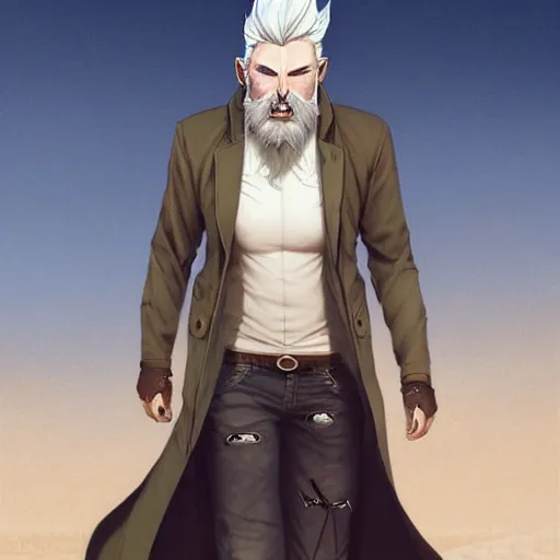 Prompt: a man with stylish white hair,an unusual beard and yellow eyes walking driving a scooter through a desert,character design by charlie bowater, ross tran, artgerm, and makoto shinkai, detailed, inked, western comic book art, 2021 award winning painting,digital art,art by greg rutkowski,photorealistic,highly detailed,hyperdetailed,hyperrealistoc,detailed face,surreal,fantasy,real life