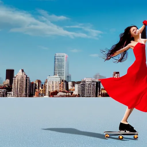 Prompt: photorealistic picture of woman skating on a red skate with very small wheels, woman wearing red dress, background is urban city with lots of trafic, sky is blue and sunny