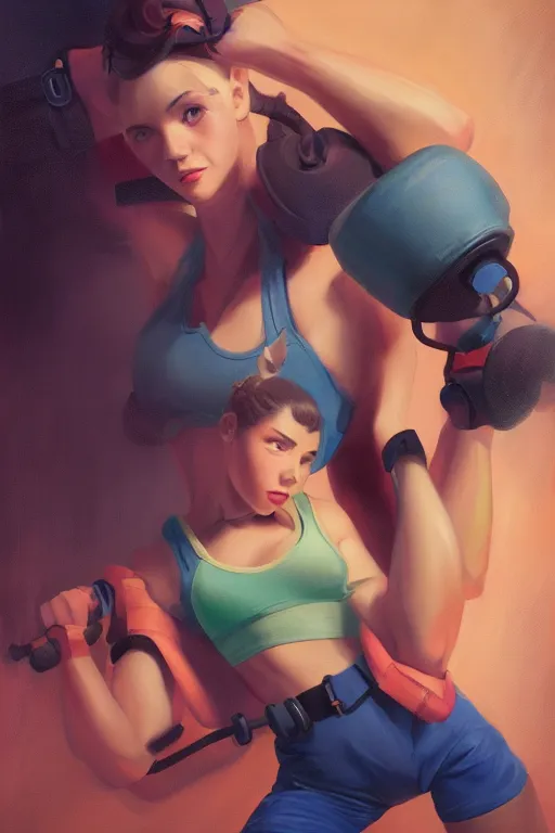 Prompt: a portrait of a cute female gym instructor, dieselpunk setting, vivid colors, soft lighting, atmospheric, cinematic, moody, in the style of artgerm and greg rutkowski, oil on canvas, 8 k