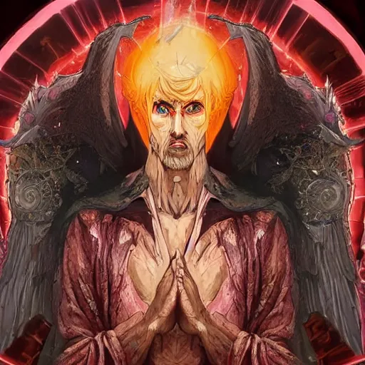 Image similar to 4K headshot portrait of godlike Warlock of Nazareth with defined arms and open hands and bloody clothes with giant mandala wings , intricate face , flawless anime cel animation by Kentaro Miura, psychedelic , highly detailed upper body , professionally post-processed , beautiful, scary, symmetry accurate features, epic, octane rendered, anime masterpiece, accurate by Craig Mullins, ilya kuvshinov, krenz cushart, epic , artgerm trending on artstation by Edward Hopper and Dan Mumford and WLOP and Rutkovsky, beksinski carl spitzweg moebius and tuomas kocar, intricate artwork by caravaggio, Unreal Engine 5, Lumen, Nanite