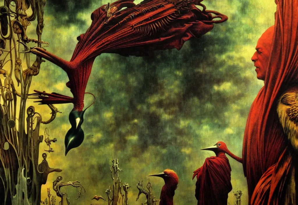 Prompt: realistic detailed portrait movie still of a birdman wearing dark robes, sci fi landscape background by denis villeneuve, amano, yves tanguy, alphonse mucha, max ernst, ernst haeckel, roger dean, masterpiece, rich moody colours, birds, snarling dog teeth