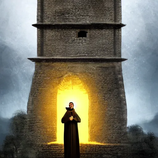 Prompt: A terrified catholic priest in his twenties fervently praying at the top of a medieval tower. He is looking horrified as a yellow shadow descends upon him from the night sky. Dramatic lighting. Award-winning digital art, trending on ArtStation