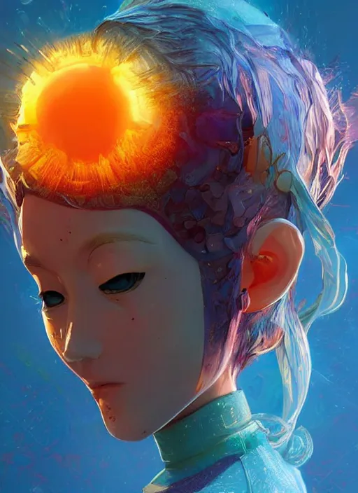 Image similar to colourful caricature - 3 d vfx art - of the sun, art style by james jean & hsiao - ron cheng, character concept art, unreal engine render, digital illustration, sharp, intricate detail, volumetric light, ray tracing, soft light, symmetric, pinterest, artstation, behance,