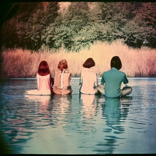 Prompt: color photograph from the sixties of people sitting by a lake in summer, faded colors, light leaks