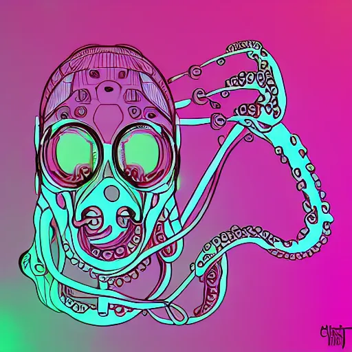 Image similar to cyborg octopus dj in headphones, digital art, geometric, vector art