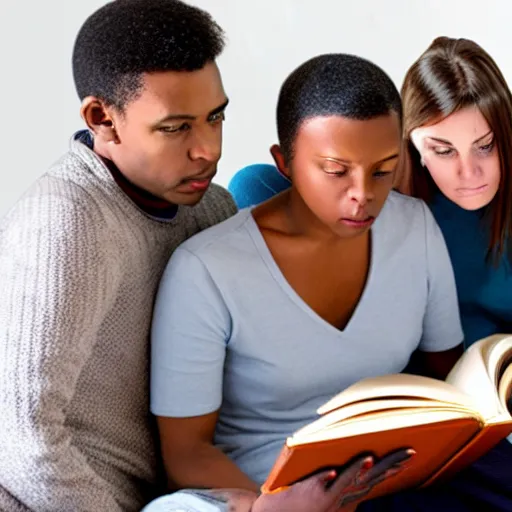 Prompt: two women and three men looking at a book