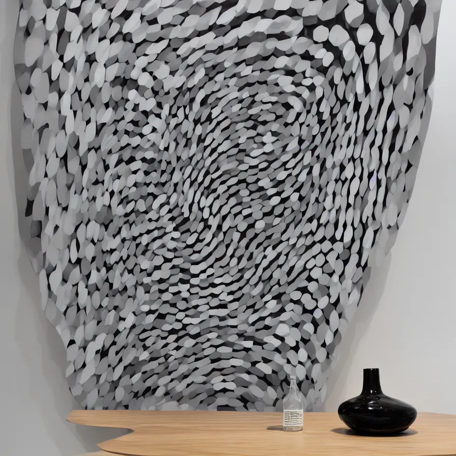 Image similar to beautiful gallery show studio photograph of a giant ceramic sculpture of a bottle, glazed by bridget riley and victor vasarely, placed on a polished wooden table, hyperrealism 8 k trending on artstation