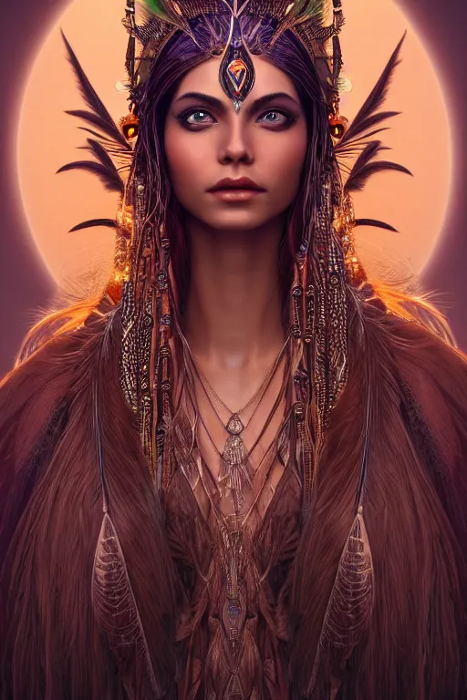 Image similar to a centered photo of a single alluring mystical tribal goddess adorned with feathers and gemstones and cables and synthesizer parts is surrounded by sacred geometry made from elven architecture, full body, gorgeous, perfect face, powerful, cinematic, beautifully lit, by artgerm, by karol bak, 3 d, trending on artstation, octane render, 8 k