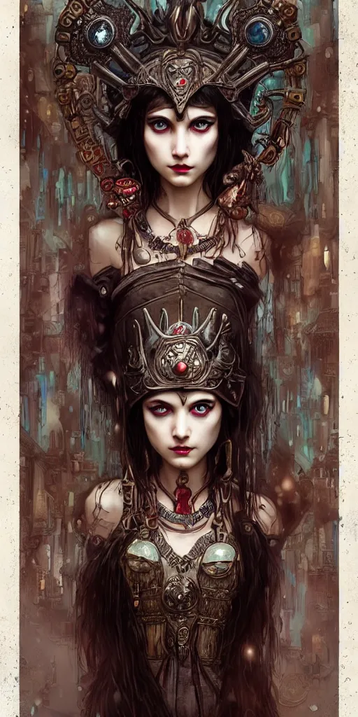 Image similar to hyper realistic Princess Mononoke, ornate mask, wet market street, cyberpunk metropolis, city landscape, jewels, full body pose, wolves, style of tom bagshaw, mucha, james gurney, norman rockwell, denoised, sharp