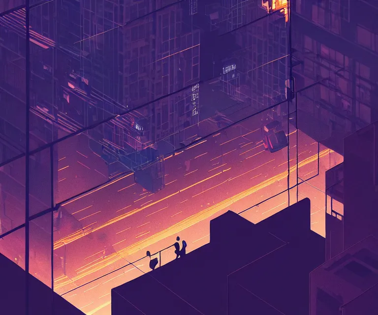 Prompt: birdseye view, a boy confined in a glass box middle of the streets, night, light over boy, by yoshitaka amano and alena aenami, cg society contest winner, retrofuturism, matte painting, apocalypse landscape, cityscape