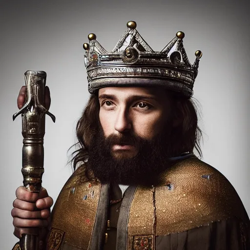 Image similar to stunning beautiful portrait photography of a medieval king with crown from national geographic magazine award winning, dramatic lighting, taken with Sony alpha 9, sigma art lens, medium-shot