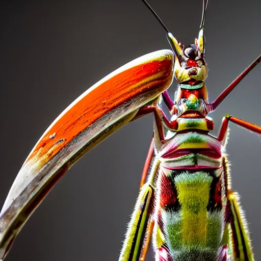 Image similar to wildlife photography of a striped tiger mantis, macro photography, 4k