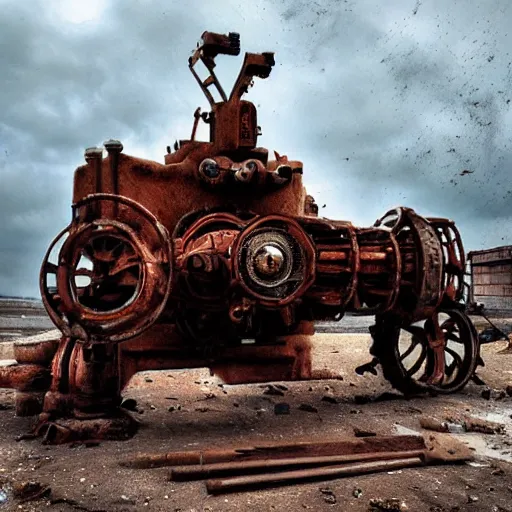 Prompt: photo of a rusted metal war machine from the distant future