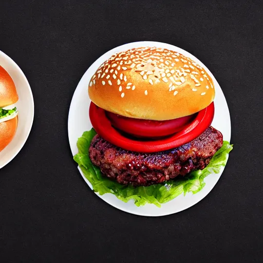 Prompt: Fast Food commercial photograph of a Sweat potato burger with a sweet cinnamon bun and velvet sauce, topped with hibiscus flower