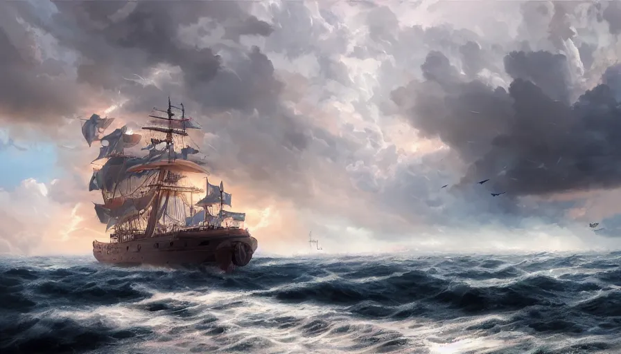 Image similar to ship from one piece sailing, dynamic sky, storm sky, with light piercing through stormy clouds, birds near the ship, rough sea, crepuscular rays, volumetric lighting, pixiv art, cgsociety, highly detailed, anime art, greg rutkowski, symmetrical, artgerm, wlop, anime art