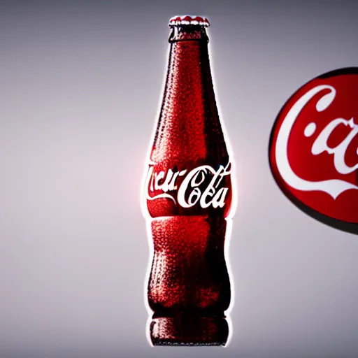 Image similar to advertising in the center of a bottle of coca - cola, droplets flow down the bottle, soft warm light, ultra - quality, super elaboration of details, play of light, yellow light shines through, focus unreal engine 5,