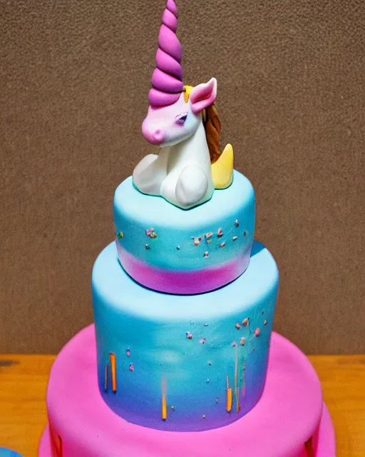 Prompt: photo of a childrens birthday cake unicorn designed by beksinski, bokeh