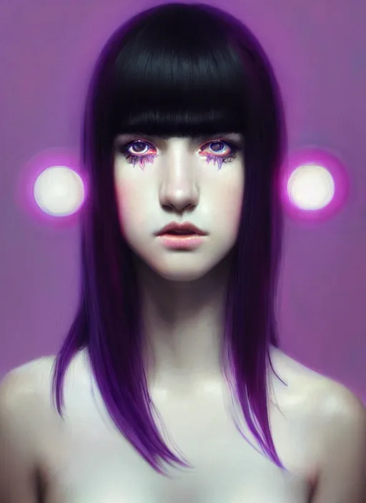 Image similar to portrait of teenage girl with white bangs, red irises, black hair, purple clothes, white bangs, bangs are different color from hair, intricate, front of hair is white rest is black, elegant, glowing lights, highly detailed, digital painting, artstation, concept art, smooth, sharp focus, illustration, art by wlop, mars ravelo and greg rutkowski