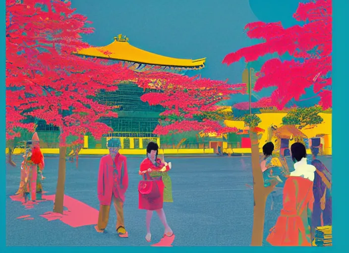 Image similar to award winning graphic design poster, photocollage art depicting a variety of japan travel, beauty, tastes, crafts and more, photocollage painting by David Hockney