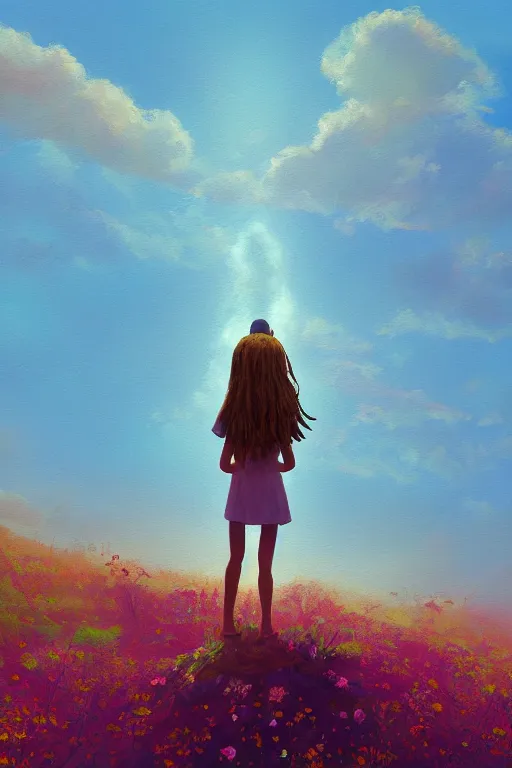 Image similar to closeup, giant flower head, girl standing on cliff, surreal photography, sunrise, blue sky, dramatic light, impressionist painting, digital painting, artstation, simon stalenhag