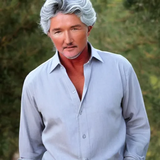 Image similar to long straight grey hair, patrick duffy, wearing a white shirt