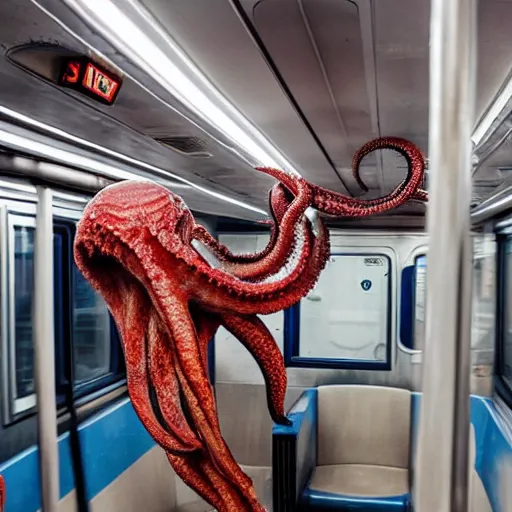 Image similar to a photo of a giant octopus mindflayer invading a interior of a subway train in new york, cinematic lighting