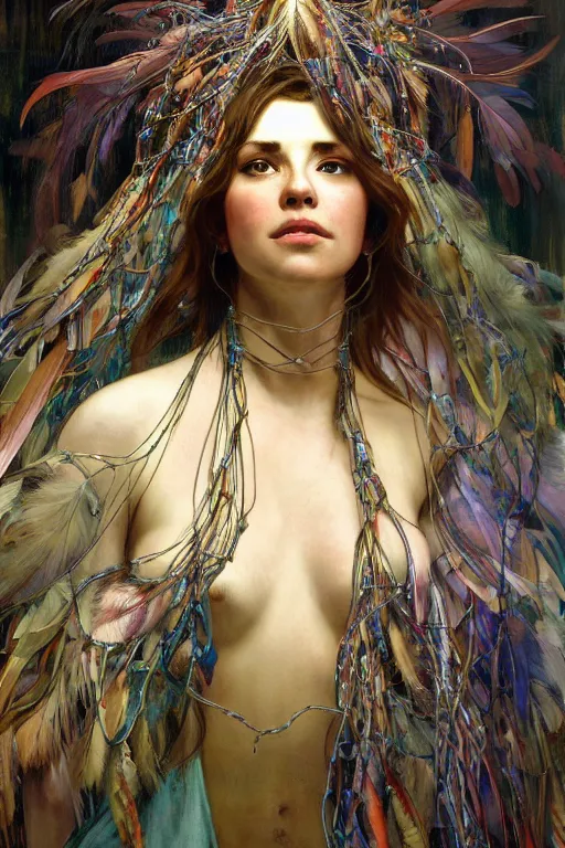 Image similar to hyperrealist portrait of a human with eagle head, it is decorated with long wires and feathers that fall like vines with lots of computer monitors in the background. by jeremy mann and alphonse mucha, fantasy art, photo realistic, dynamic lighting, artstation, poster, volumetric lighting, very detailed faces, 8 k, award winning