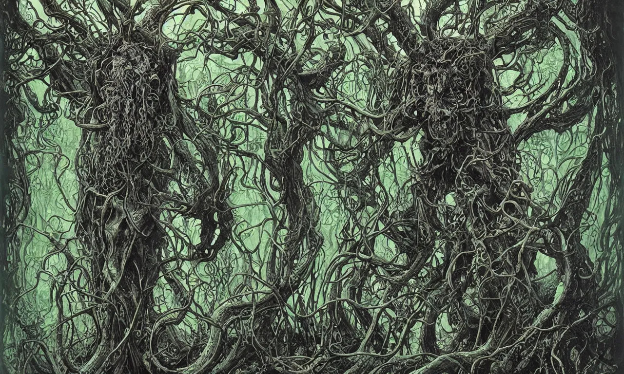 Prompt: hyperdetailed art nouveau portrait of treebeard as cthulhu, by michael whelan, simon bisley, and bill sienkiewicz, grim yet sparkling atmosphere, photorealism, night in the forest, thorns, vines, terror, wild, crazy, scary, horror, lynn varley, lovern kindzierski, steve oliff