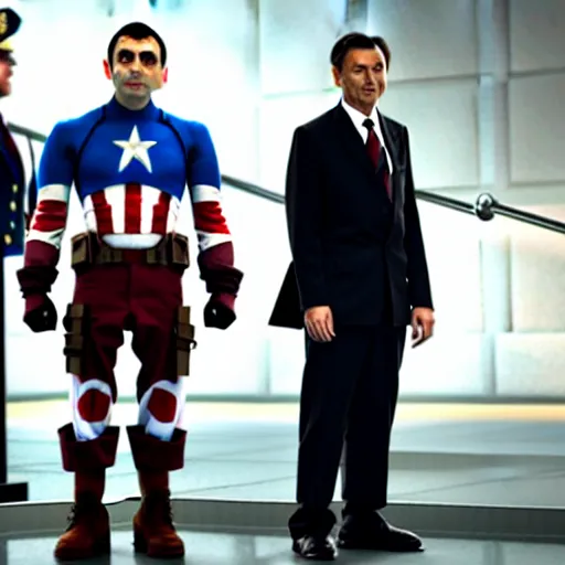 Image similar to mr. bean as captain america in the avengers movie. movie still. cinematic lighting.