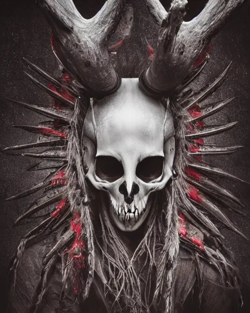 Image similar to deer - skull ghost - spirit of the grim - warpaint wears the scarlet skull armor and native blood headdress antlers, midnight fog - mist!, cinematic lighting, various refining methods, micro macro autofocus, ultra definition, award winning photo, photograph by ghostwave - gammell - giger - shadowlord