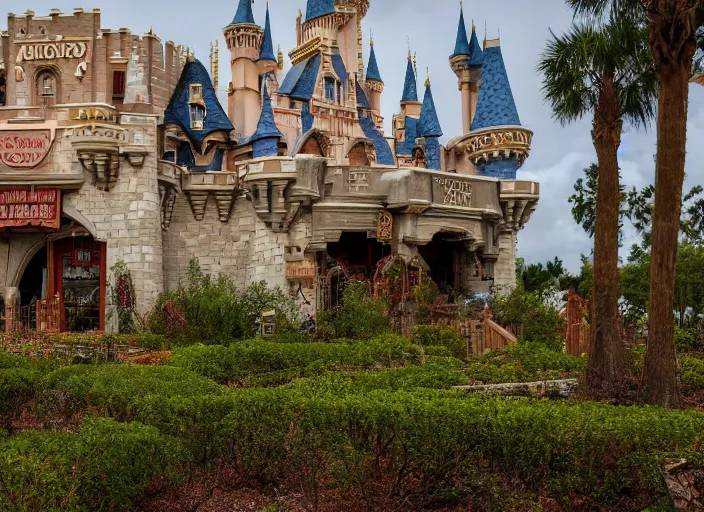 Image similar to cinematic shot of the outside of the Disney world park, shut down, abandoned, Florida, out of business, castle is falling apart and rusted, got shut down, kids place, liminal spaces, backrooms, empty, overgrown with weeds, crumbling castle, destroyed castle, completely obliterated, Disney world, Disney land, theme park, roller coasters, Disney, old and dirty, water damage, garbage