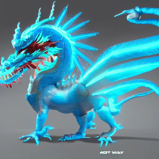 Prompt: a concept art of a whole cyan chinese dragon, highly detailed, cyberpunk style, 4 k, artstation, digital art, rendered in unreal engine, soft illumination.