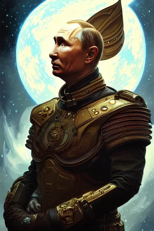 Image similar to Portrait of Putin in space, D&D, face, dark fantasy, intricate, elegant, highly detailed, digital painting, artstation, concept art, smooth, sharp focus, illustration, art by artgerm and greg rutkowski and alphonse mucha