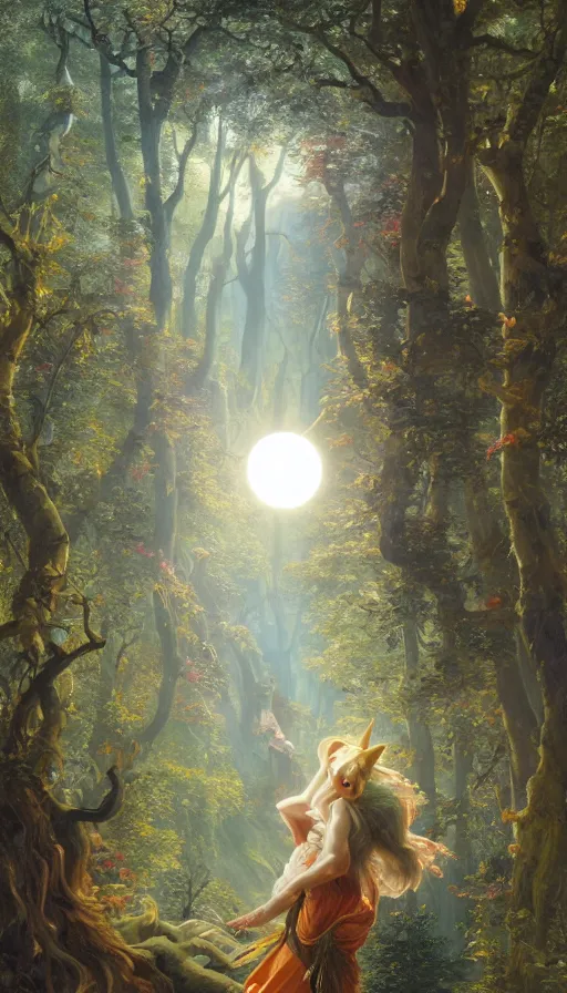 Image similar to A mythical alicorn viewing at a solar eclipse from a primordial forest. Highly detailed, digital painting, artstation, concept art, sharp focus, illustration, art by Jan Brueghel the Elder, greg rutkowski and alphonse mucha.