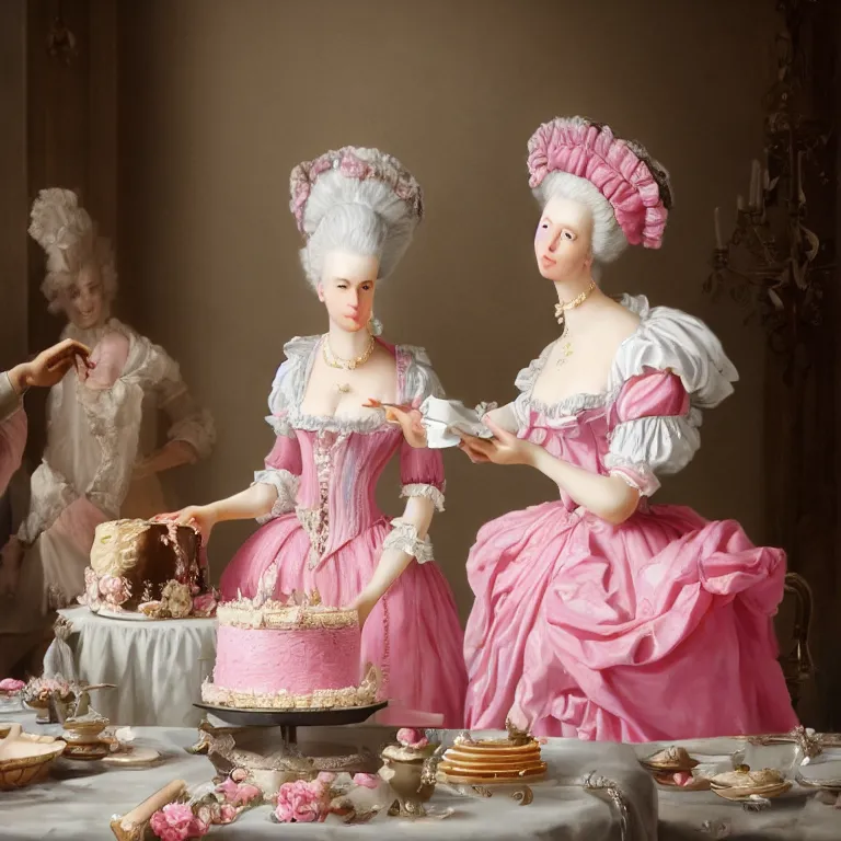 Image similar to Marie Antoinette cutting a pink cake. Baroque painting, trending on artstation, 50mm, photo realistic, highly detailed, ultra realistic, octane render